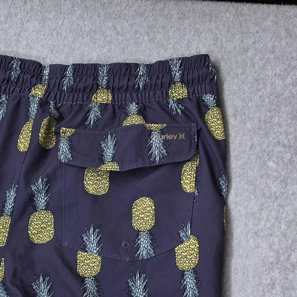 Hurley Men Swimwear MEDIUM Purple Embroidered Swim Trunks Graphic Pineapples